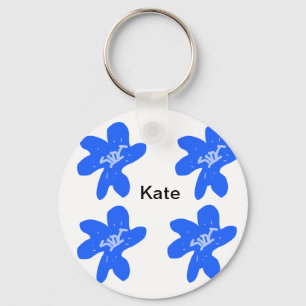 Blue floral pattern watercolor add name text keychain