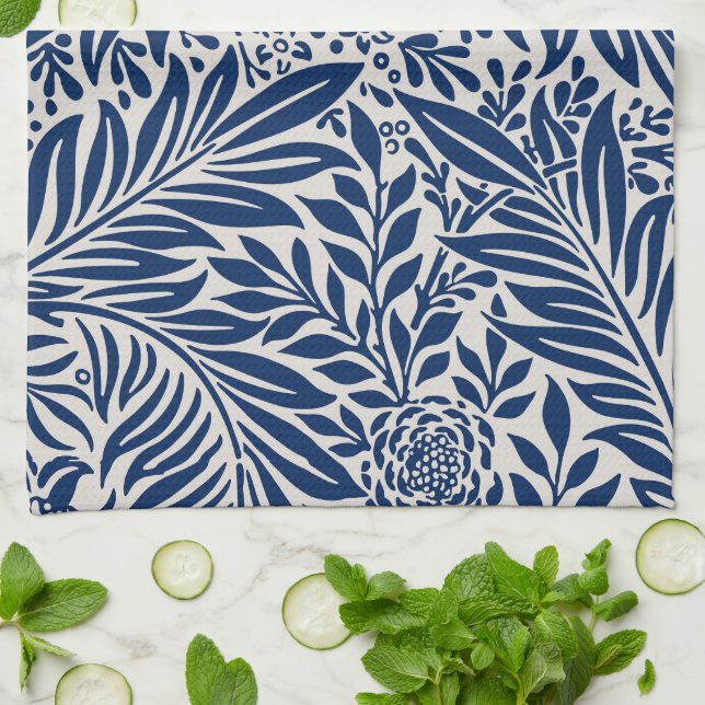 blue floral pattern with diverse leaves & blossoms kitchen towel (Folded)