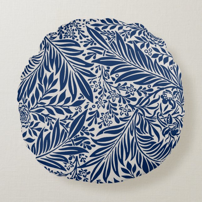 blue floral pattern with diverse leaves & blossoms round pillow (Front)