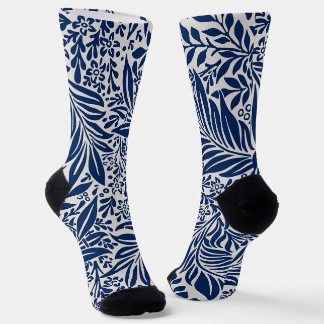 blue floral pattern with diverse leaves & blossoms socks (Angled)