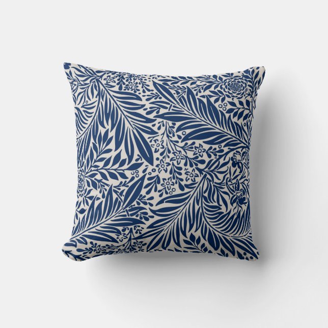 blue floral pattern with diverse leaves & blossoms throw pillow (Front)