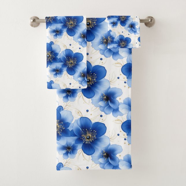 Blue Floral Pattern with Gold Accents Bath Towel Set (Insitu)