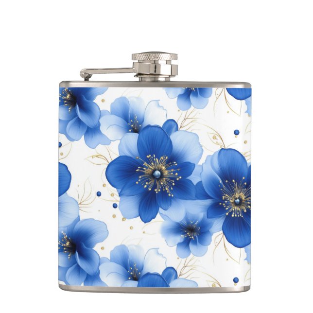 Blue Floral Pattern with Gold Accents Hip Flask (Front)