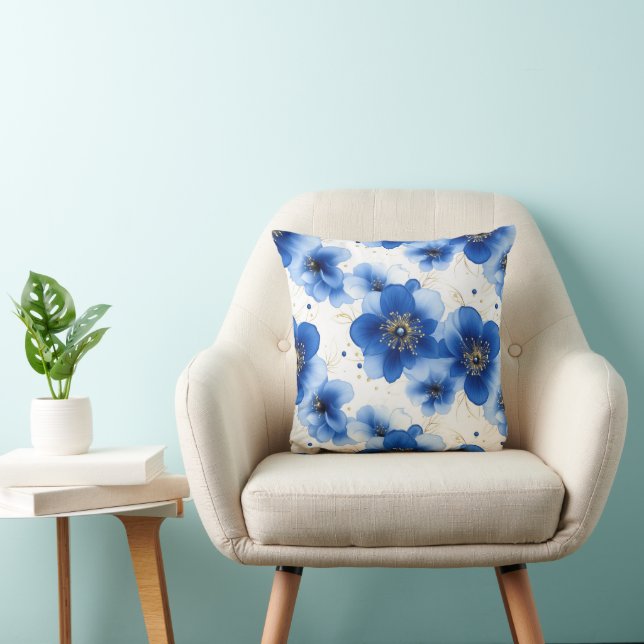 Blue Floral Pattern with Gold Accents Throw Pillow (Chair)