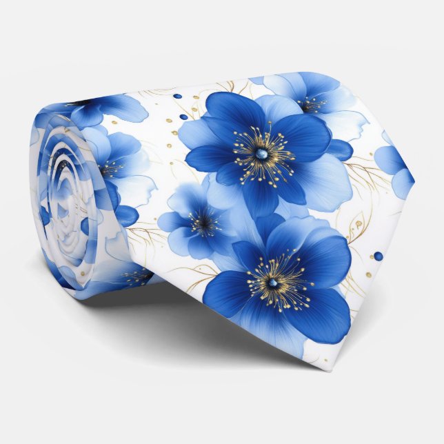Blue Floral Pattern with Gold Accents Tie (Rolled)