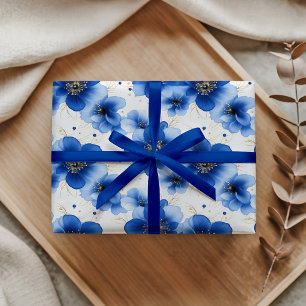 Blue Floral Pattern with Gold Accents Wrapping Paper