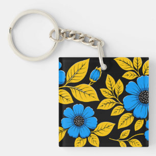Blue Floral Pattern with Golden Leaves Keychain