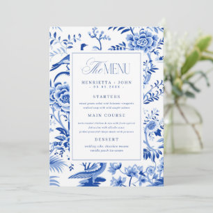 Blue Floral Peacock Chinoiserie Wedding Menu Card