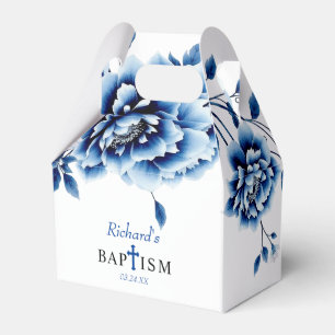 Blue floral peony flowers boy baptism Thank You  Favor Box