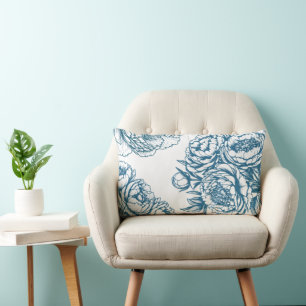 Blue Floral Peony Lumbar Pillow