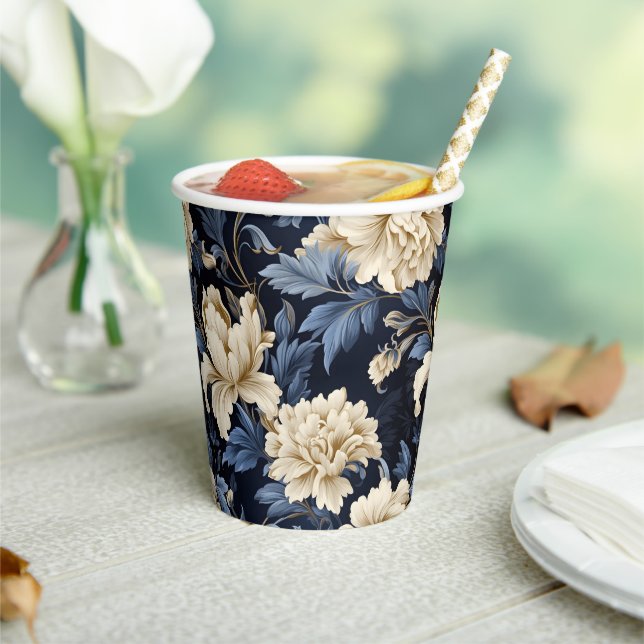 Blue Floral Peony Modern Elegant Paper Cups (Insitu)
