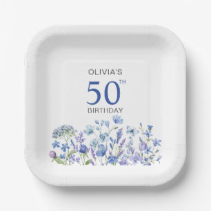 Blue Floral Personalized 50th Birthday Paper Plate