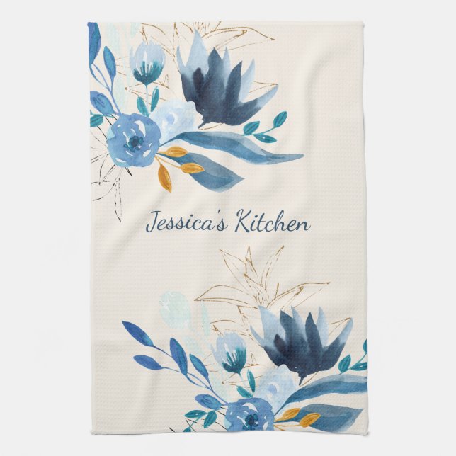 Blue Floral Personalized Kitchen Decor Towel (Vertical)