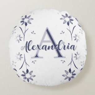 Blue Floral Personalized Monogram Name Round Pillow