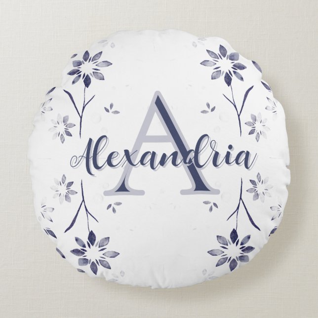 Blue Floral Personalized Monogram Name Round Pillow (Front)