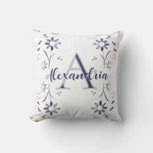 Blue Floral Personalized Monogram Name Throw Pillow
