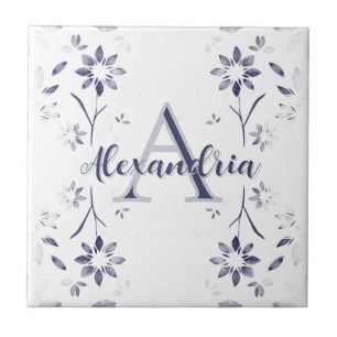 Blue Floral Personalized Monogram Name Tile