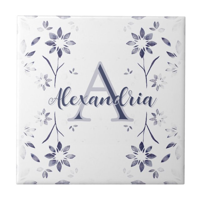 Blue Floral Personalized Monogram Name Tile (Front)
