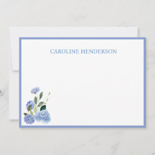Blue Floral Personalized Name Flat Note Card