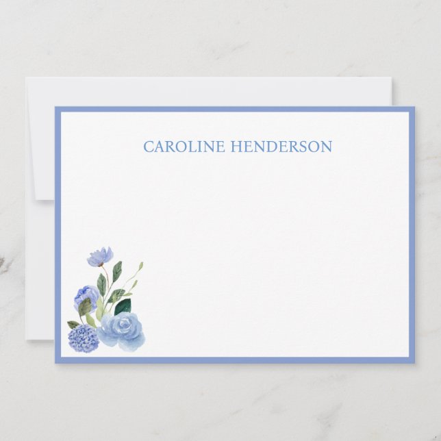 Blue Floral Personalized Name Flat Note Card (Front)