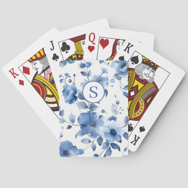 Blue Floral Personalized  Playing Cards (Back)