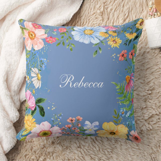 Blue Floral Personalized Throw Pillow (Blanket)