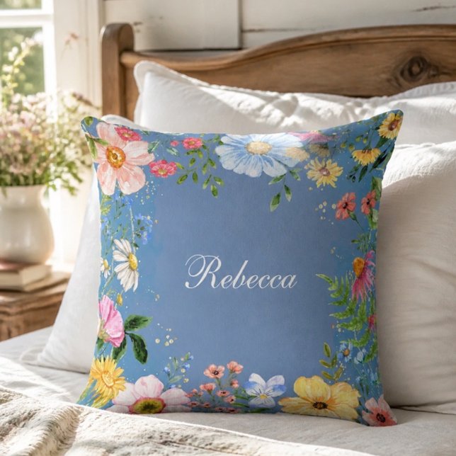 Blue Floral Personalized Throw Pillow (Creator Uploaded)
