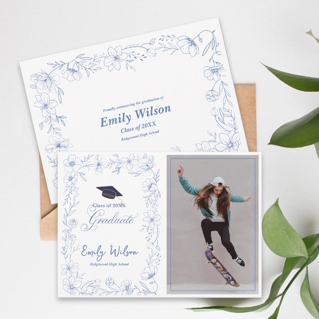 Blue Floral Photo 2026 Graduation Announcement (Class of 2026 Blue Floral Photo Graduation Announcement Flat Card)