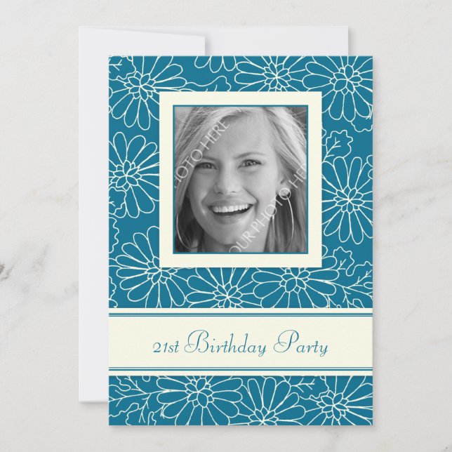 Blue Floral Photo 21st Birthday Party Invitations (Front)