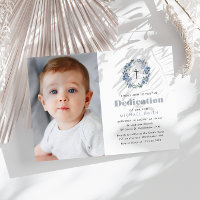 blue floral photo Dedication invitation