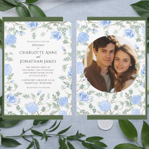 Blue Floral Photo Modern Watercolor Wedding  Invitation
