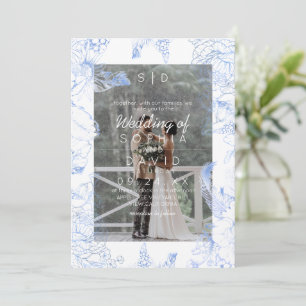 Blue Floral Photo Modern Wedding Invitation