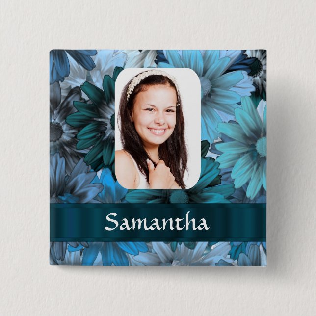 Blue floral photo template 2 inch square button (Front)