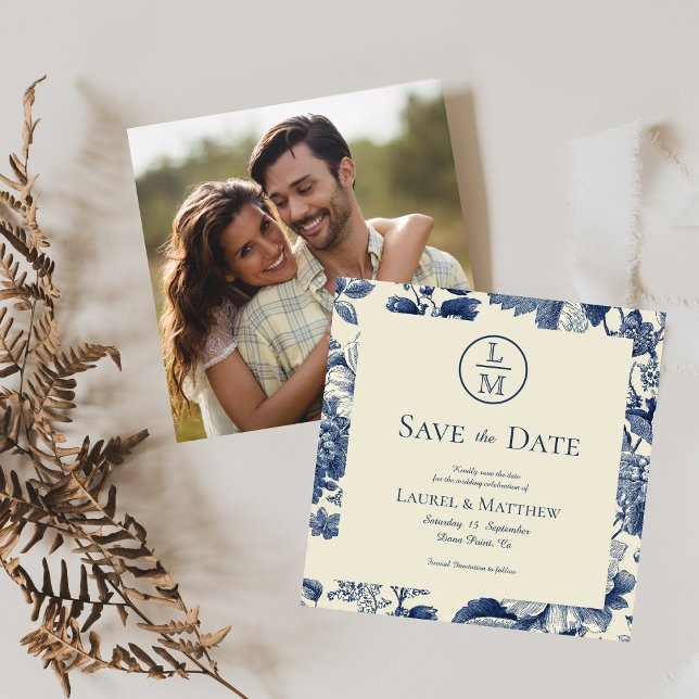 Blue Floral Photo Wedding Save the Date  (Creator Uploaded)