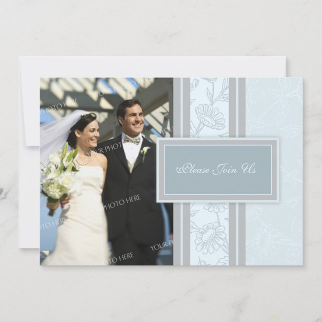 Blue Floral Photo Wedding Vow Renewal Invitations (Front)