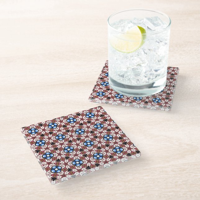 Blue Floral Pink and Brown Glass Coaster (Angled)