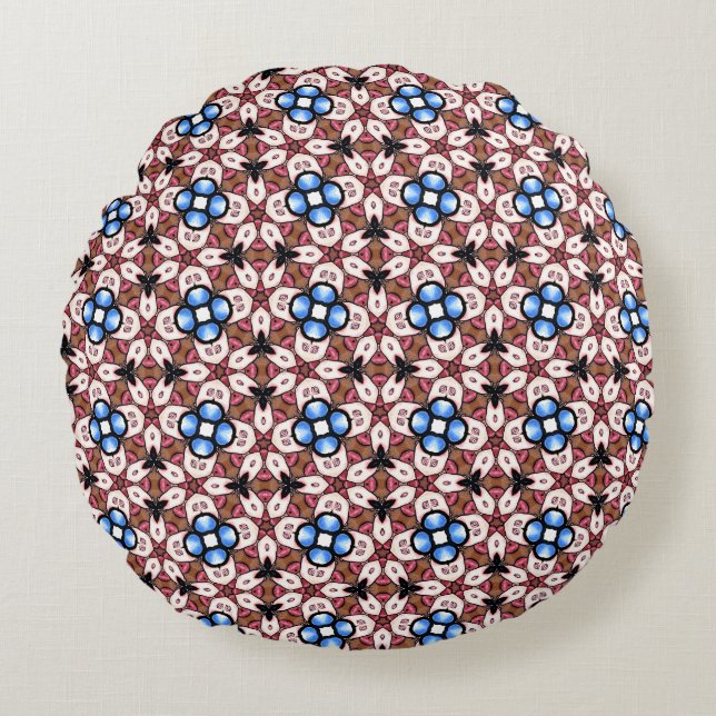 Blue Floral  Pink and Brown Round Pillow (Front)