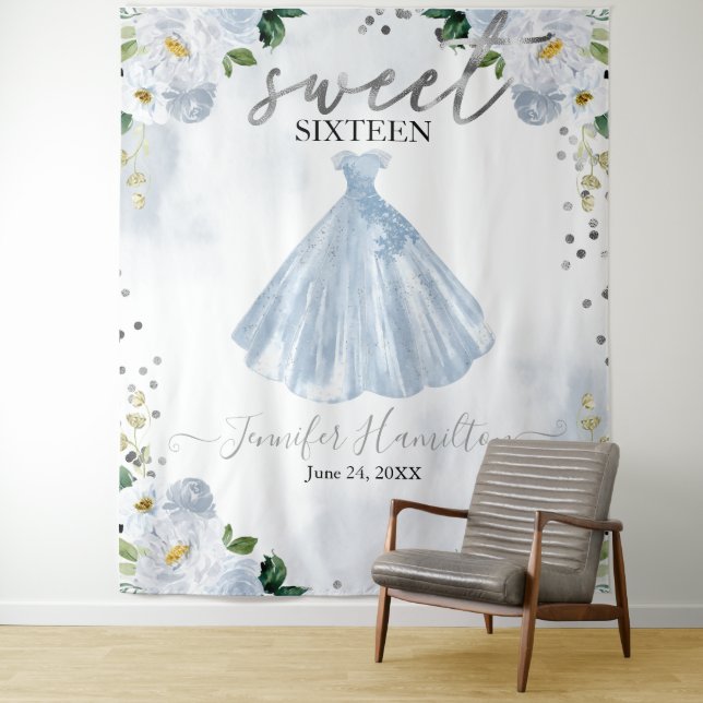 Blue Floral Pink Dress Sweet 16 Backdrop Tapestry (In Situ)