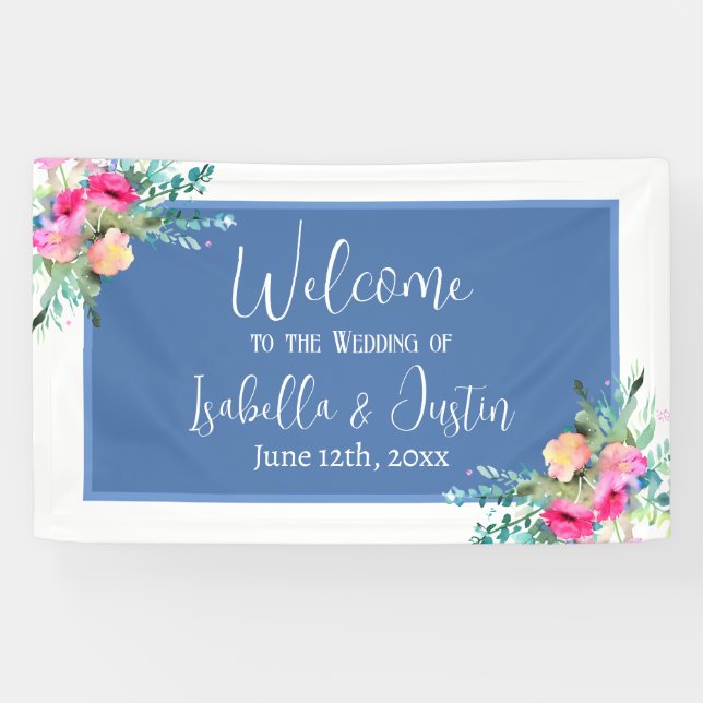 Blue Floral Pink Rosebud Wedding Personalized Banner (Horizontal)