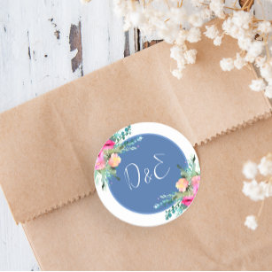 Blue Floral Pink Rosebud Wedding Personalized Classic Round Sticker