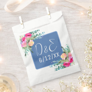 Blue Floral Pink Rosebud Wedding Personalized Favour Bag