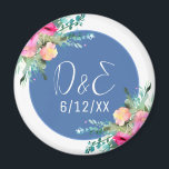 Blue Floral Pink Rosebud Wedding Personalized Magnet<br><div class="desc">Personalized wedding reminder magnet with couple's initials with pretty pink floral accents and blue centre with white font. Elegant floral wedding theme.</div>