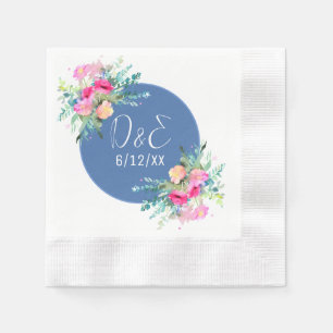 Blue Floral Pink Rosebud Wedding Personalized Napkin