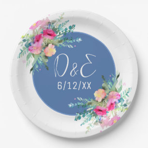 Blue Floral Pink Rosebud Wedding Personalized Paper Plate