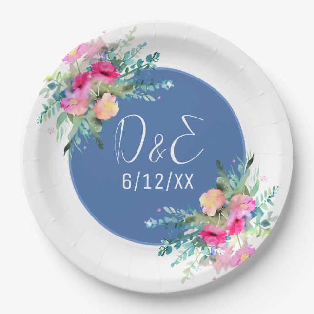 Blue Floral Pink Rosebud Wedding Personalized Paper Plate (Front)