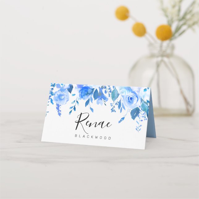 Blue floral place card, Blue floral christening Place Card (Front)