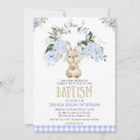 Blue Floral Plaid Bunny Rabbit Baptism Invitation