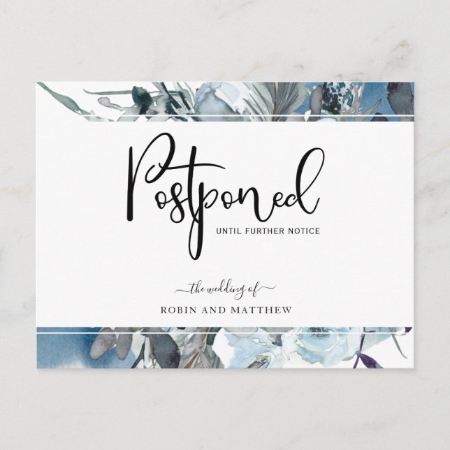 Blue Floral, Postponement Wedding Announcement Postcard (Front)
