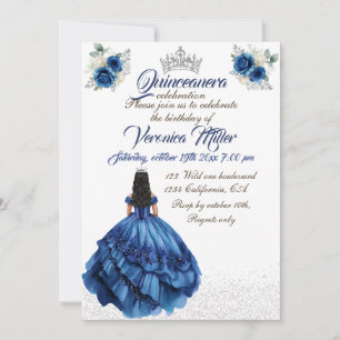 Blue Floral Princess Girl Birthday Party Invitation