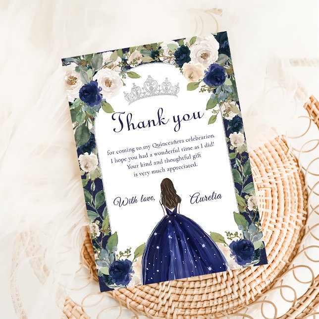 Blue Floral Princess Quinceanera Birthday Thank You Card (Creator Uploaded)